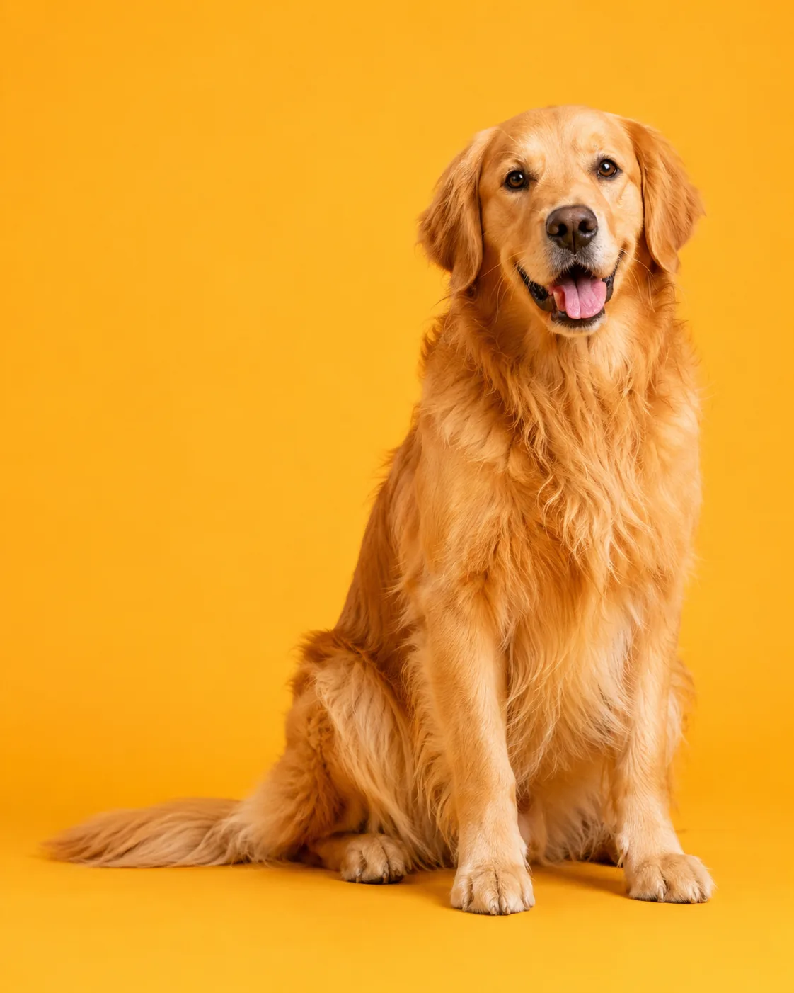 Happy golden retriever sitting against a golden yellow studio background